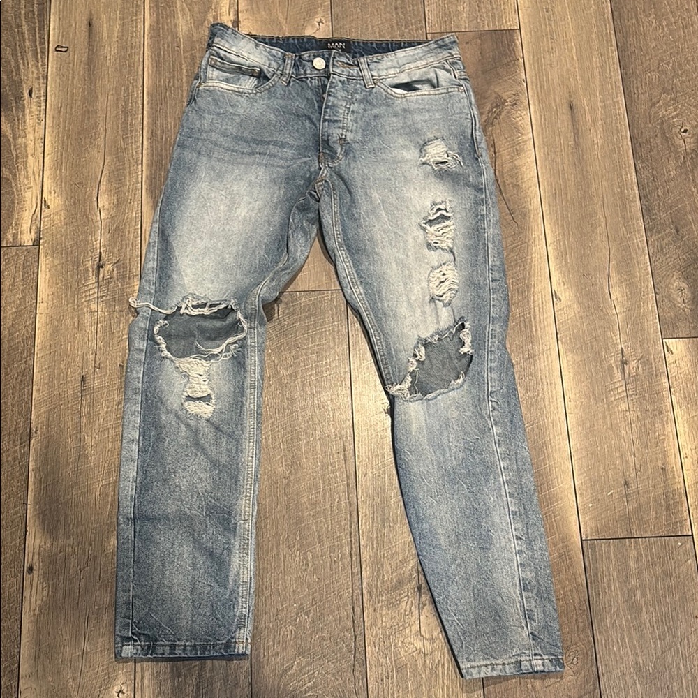 BooHooman Men's Distressed Blue Jeans